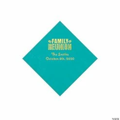 Flash Sale ✔️ Teal Family Reunion Personalized Napkins with Gold Foil - 50 Pc. Beverage 😀