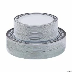 New 🥰 Bulk Premium White Plastic Plates with Black & White Trim - 100 Ct. ✔️