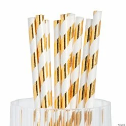 Flash Sale 🔥 Gold Foil Striped Paper Straws - 24 Pc. 🧨
